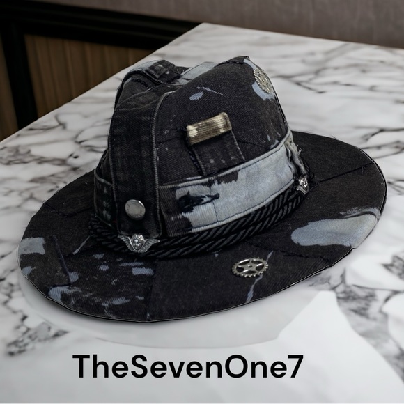 Customize patchwork handmade back/grey denim fedora hat...